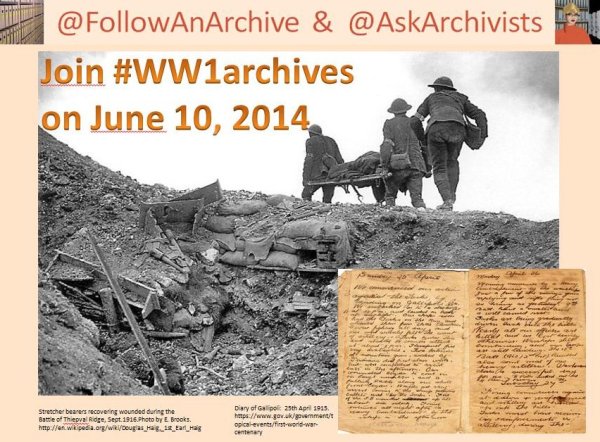 Invitation to join the global Twitter event for archives about The Great War in archives, on June 10, 2014.